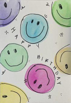 a drawing of smiley faces with the words happy written on them in different colors and shapes