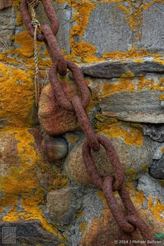 an old rusty chain hanging from a stone wall