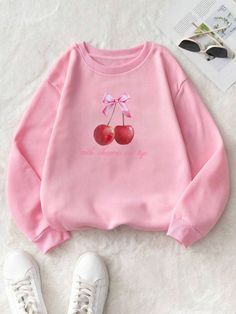 Rosa Casual Collar manga larga Tela tejida Letras,Frutas y verduras Pullovers Embellished No-Elástico Cherry Hoodie, Cherry Sweater, Kawaii Sweatshirt, Custom Sweaters, Rose Bonbon, Girl Sweatshirts, Tops Fall, Girls Fashion Clothes, Print Pullover