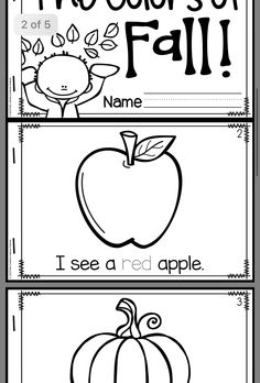 two coloring pages with the words fall and an apple on each page, in black and white