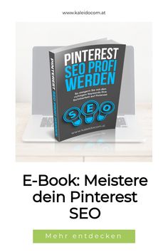 E-Book "Pinterest SEO Profi werden" auf einem Laptop, mit dem Text "Meistere dein Pinterest SEO".