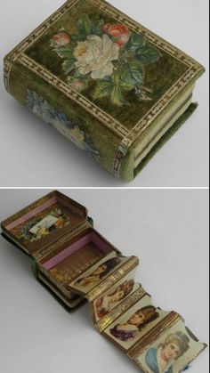 an old book is open and closed with pictures on it