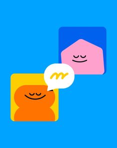 two cartoon faces with speech bubbles in front of each other on a blue and yellow background