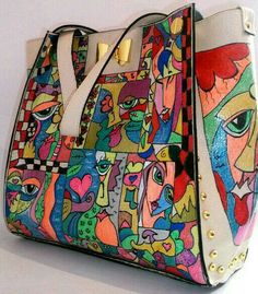 Diy Leather Paint, Painted Leather Purse, Handbag Inspiration, Artsy Bag, Upcycled Purse, Purse Crafts