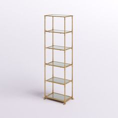 a gold metal shelf with glass shelves on each side and two rows of shelves below