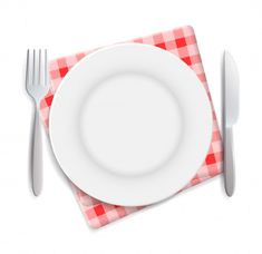 a plate, fork and knife on a red checkered placemat with white utensils