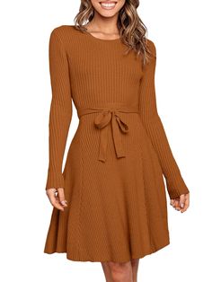 PRICES MAY VARY. Size: S=US(4-6), M=US(8-10), L=US(12-14), XL=US(16-18). Material: This sweater dress is made of soft, stretchy, and breathable knit fabric that's warm and thick, but not bulky. Fitted and flattering. Not see-through and comfortable to wear. Features: Short length, ribbed knit, a-line, swing hem, long sleeve, crewneck, slim fit, tie waist, cute and classy style. Occasion: This fall sweater dress is versatile, perfect for daily wear, parties, weddings, baby showers, night out, dat Orange Sweater Dress, Womens Winter Dresses, Winter Sweater Outfits, Fall Sweater Dress, Work Dresses For Women, Country Dresses, Fall Winter Dresses, Women's Outfits, Womens Fall Dress