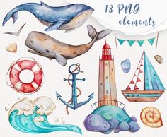 watercolor sea animals and lighthouses are featured in this clip art set for kids