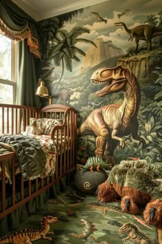 a child's bedroom decorated in dinosaur theme