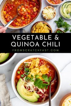 two bowls of vegetable and quinoa chili with avocado on the side