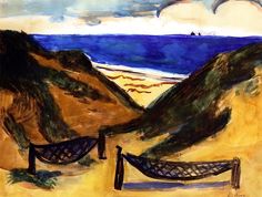 a painting of two hammocks on the beach