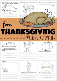 thanksgiving writing activities for kids with turkey and pumpkins in the background, including free printable