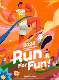 an advertisement for the marathon race with a cartoon character running on a colorful background and flowers