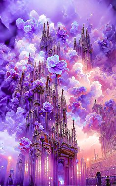 an artistic painting of a castle surrounded by clouds and flowers in purple hues with the sun setting behind it