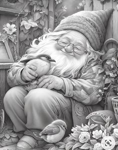 a black and white drawing of a gnome with a bird on his lap looking at something