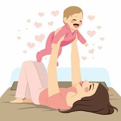 a woman holding a baby in her arms while laying on the floor with hearts flying around