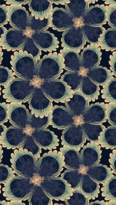 an abstract floral design in blue and green colors on a black background with gold accents