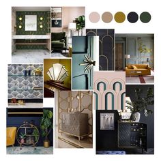 a collage of different rooms with furniture and decor in them, including gold accents