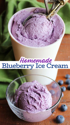 homemade blueberry ice cream in a glass bowl