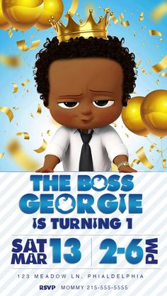 the boss baby is turning 3 in front of balloons and confetti on blue background