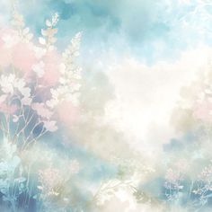 an artistic painting with flowers and clouds in the background