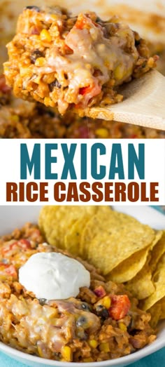 mexican rice casserole with tortilla chips and sour cream on the side