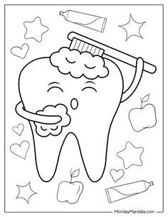 a toothbrush is brushing its teeth with an apple and stars on the background coloring page