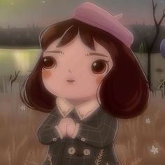 a cartoon girl standing in the grass with her hands folded