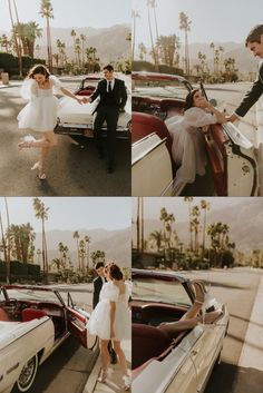 a couple getting into their wedding car at the palm tree lined drive - by in las vegas