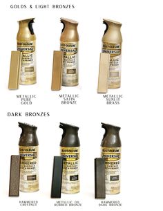 several different types of metallic and bronze sprays on a white background with text describing them