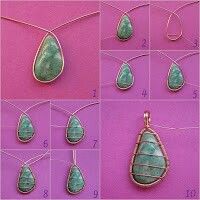 step by step instructions on how to make wire wrapped necklaces with turquoise stone cabochons