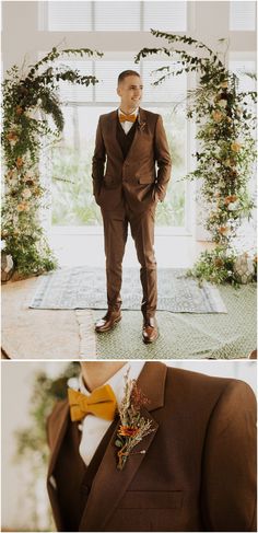 a man in a brown suit and yellow bow tie