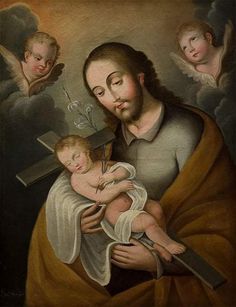 a painting of jesus holding a baby in his arms