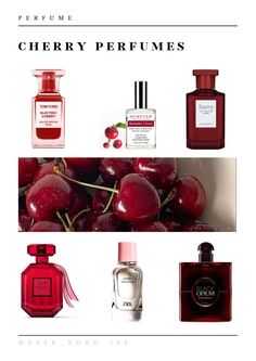 Some delicious cherry perfumes for summer Cherry Perfume Aesthetic, Aesthetic Cherries, Cherry Blossom Perfume, Cherry Aesthetics, Cherry Perfume, Cherry Fragrance, Cherry Products, Perfume Carolina Herrera, Perfume Chanel