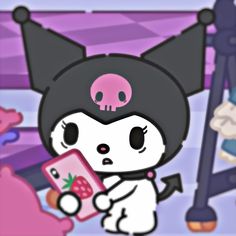 a cartoon character is holding a pink object