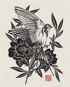 a black and white drawing of a bird on flowers