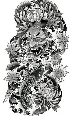 a fish and flowers tattoo design