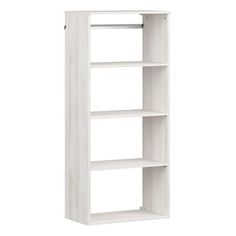 a white bookcase with four shelves on the bottom and one shelf above it, in front of a white background