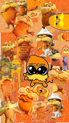 an image of many different cartoon characters in orange and yellow colors with words above them