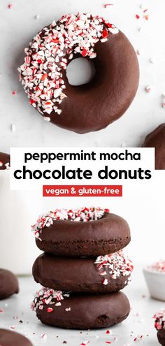 chocolate doughnuts stacked on top of each other with white and red sprinkles