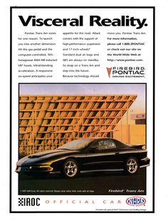 an advertisement for a car that is parked in front of a large wooden structure with the words, visecal reality