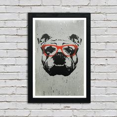 a dog with red glasses on it's face in front of a brick wall