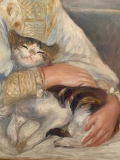 a painting of a woman holding a cat in her lap and hugging it's face