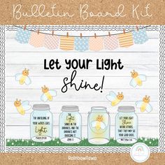 the let your light shine sign is shown with three jars filled with honeybees