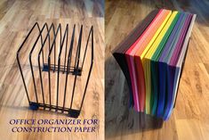 an office organizer for construction paper is on the floor next to a rack with colored papers