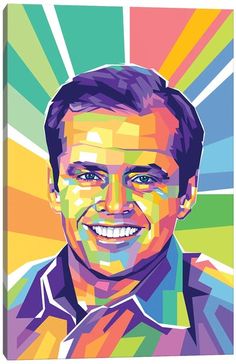 a painting of a smiling man with multicolored rays in the background canvas art print