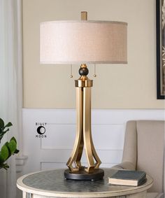 a table with a lamp on top of it