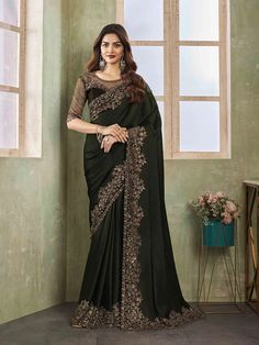 Dark Green Saree, Stone Work Blouse, Green Sari, Bollywood Dress, Party Sarees, Black Patch, Wedding Saree Indian, Satin Saree, Casual Saree