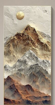 an abstract painting of mountains with a gold moon in the sky above them, on a white background