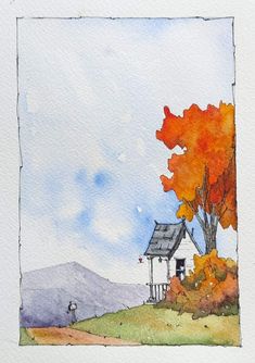 a watercolor painting of a house on a hill